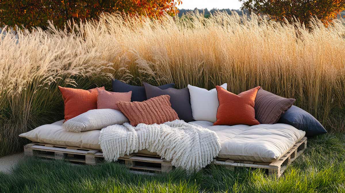 divano con pallet boho in giardino
