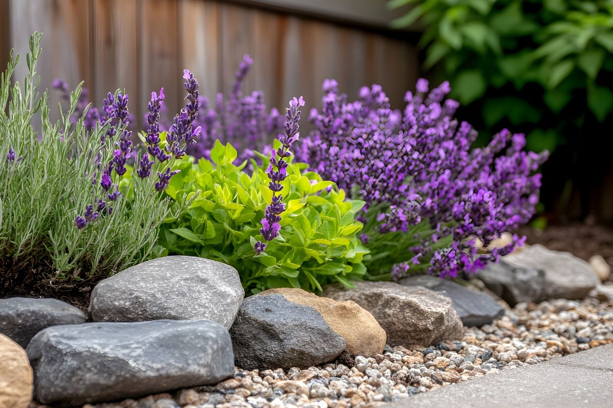 aiuola con sassi e lavanda
