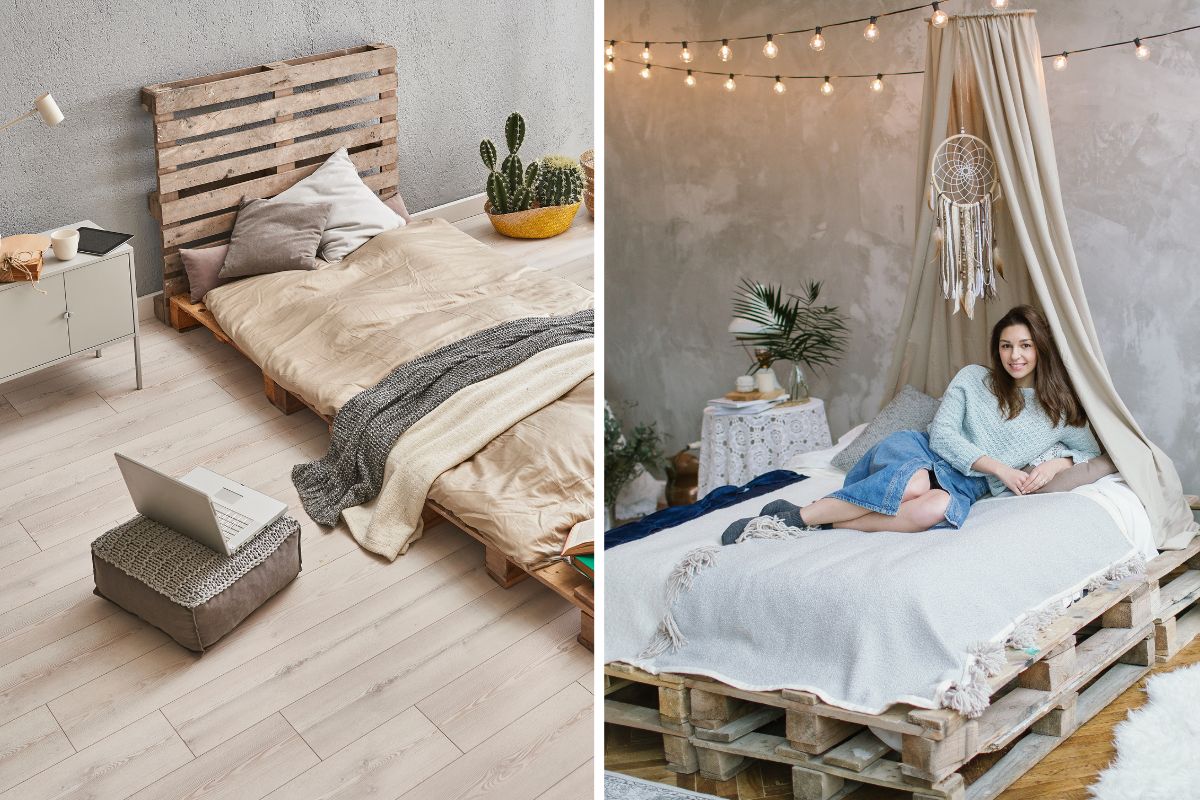 pallet riciclati come letti matrimoniali e testiere shabby