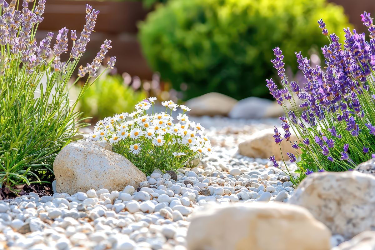 aiuole con sassi bianchi e lavanda