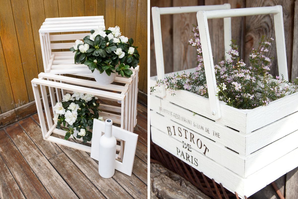 fioriere con cassette di legno bianche shabby