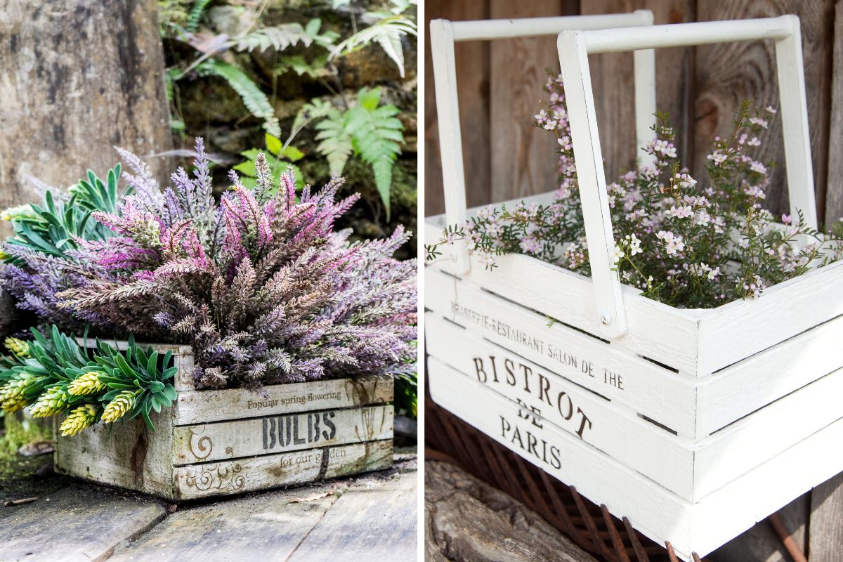 cassette di legno verniciate di bianco shabby per terrazzi