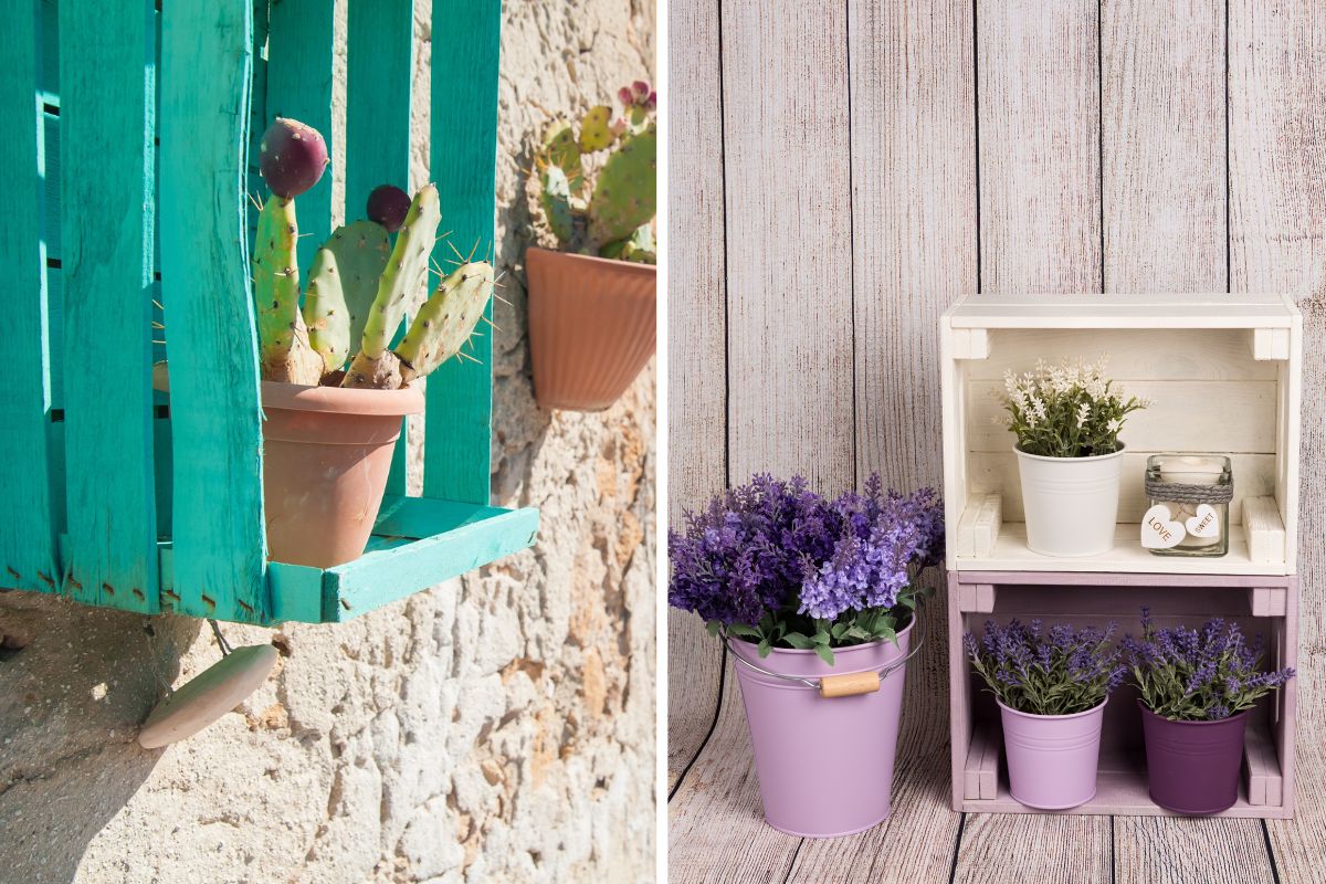 balcone con cassette di legno colorate
