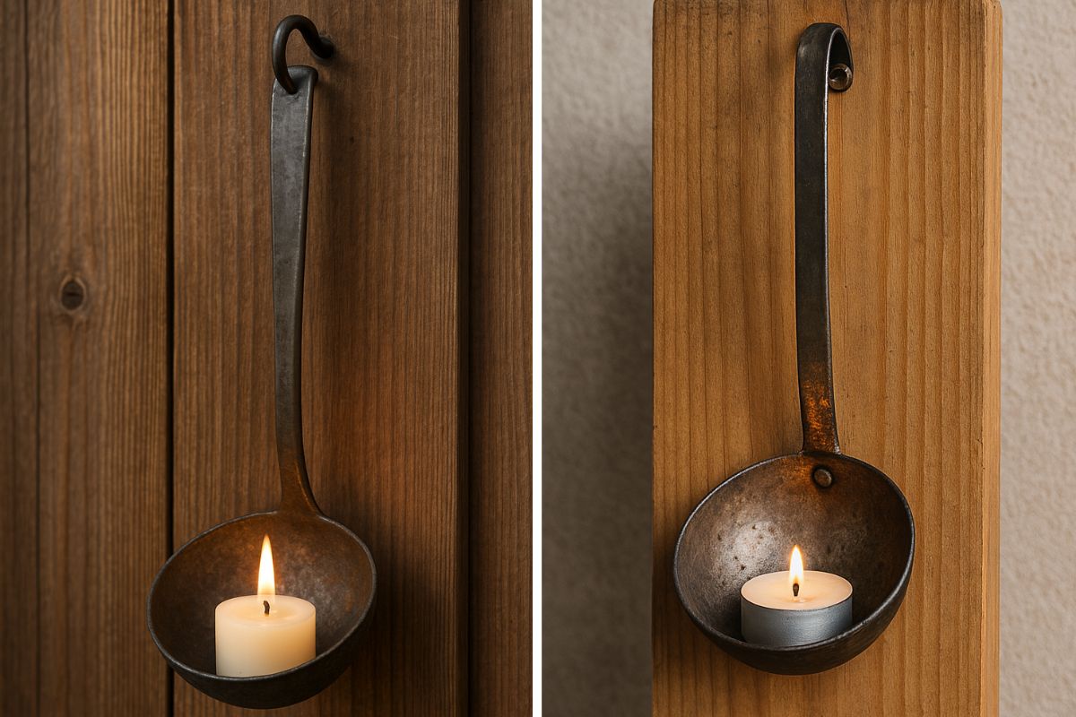 porta-candela da esterno con vecchio mestolo