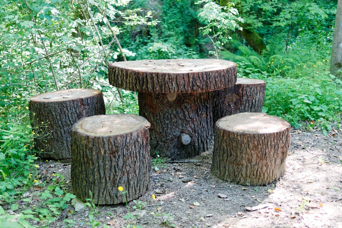 tavolino rustico con un tronco di legno