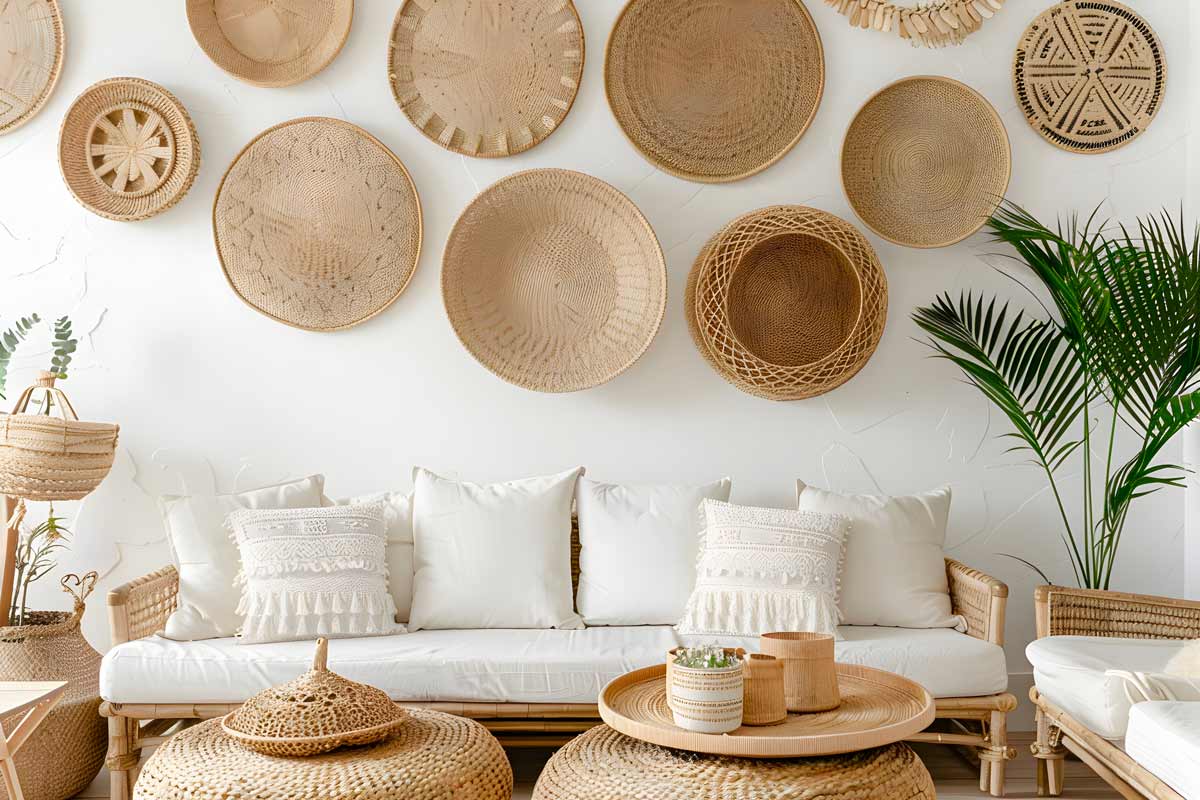 parete del soggiorno Boho chic con cesti di vimini